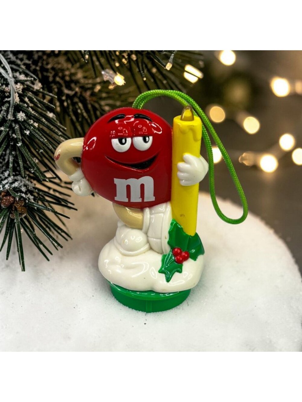 Red M&M Christmas Ornament Holding Yellow Candle 1990s Vintage Collectible